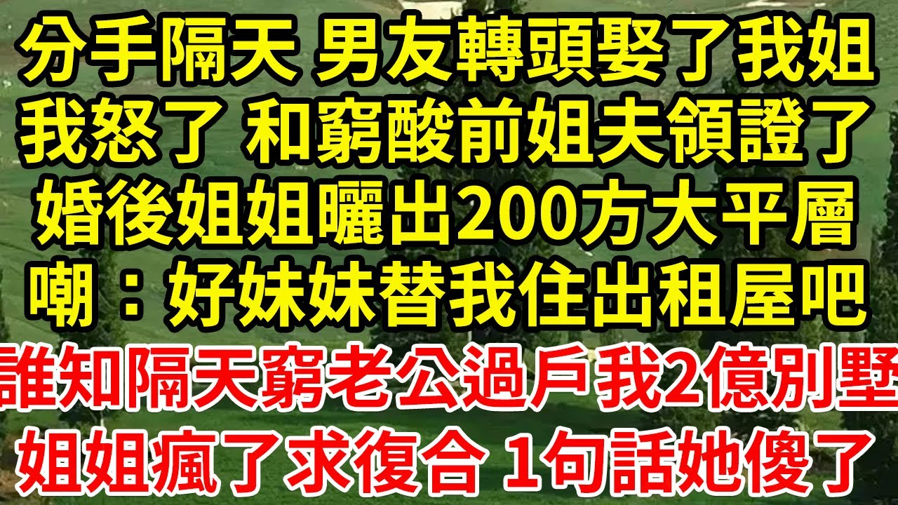 分手隔天 男友轉頭娶了我姐，我怒了 和窮酸前姐夫領證了，婚後姐姐曬出200方大平層嘲：好妹妹替我住出租屋吧，誰知隔天窮老公過戶我2億別墅，姐姐瘋了求復合 1句話她傻了#為人處世#養老#中年