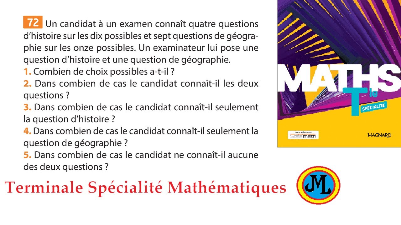 Dénombrement. Ex 72 p 352 du Sésamath en terminale spécialité mathématiques. Livre MAGNARD.