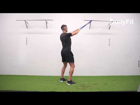 Posterior deltoid activation with band, standing. (FacePull)