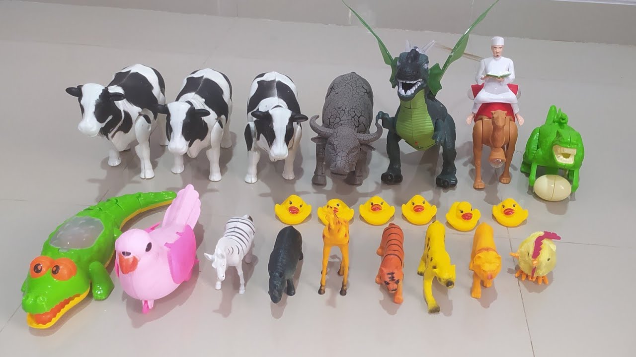 unboxing mainan hewan, sapi, kerbau, unta, tirex, buaya, bebek, burung ...