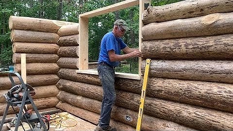 Log Cabin Build Part 15, cutting openings for windows, building window frames @Lance & Cinda Serafin