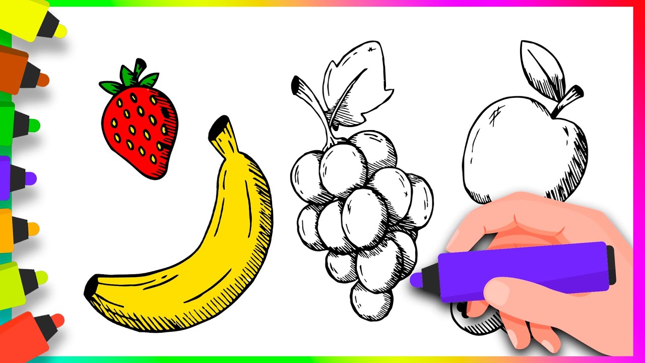 Learn FRUITS with Alex and paint them. Apple, banana, grape, strawberry coloring pages for kids