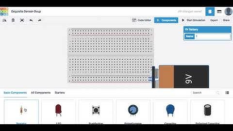 Battery , LED , Resistor  Circuit at TinkerCAD
