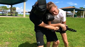 She Defends Knife Attack—Core JKD Weapons Testing Sparring: Stick, Nunchuck, Knife