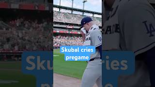 Tarik Skubal wipes away tears as the Tigers play a tribute video for him