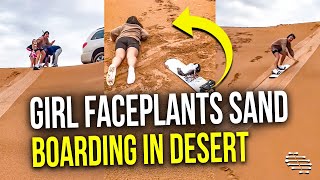 Girl Falls off Board and Faceplants While Sand Boarding in Desert