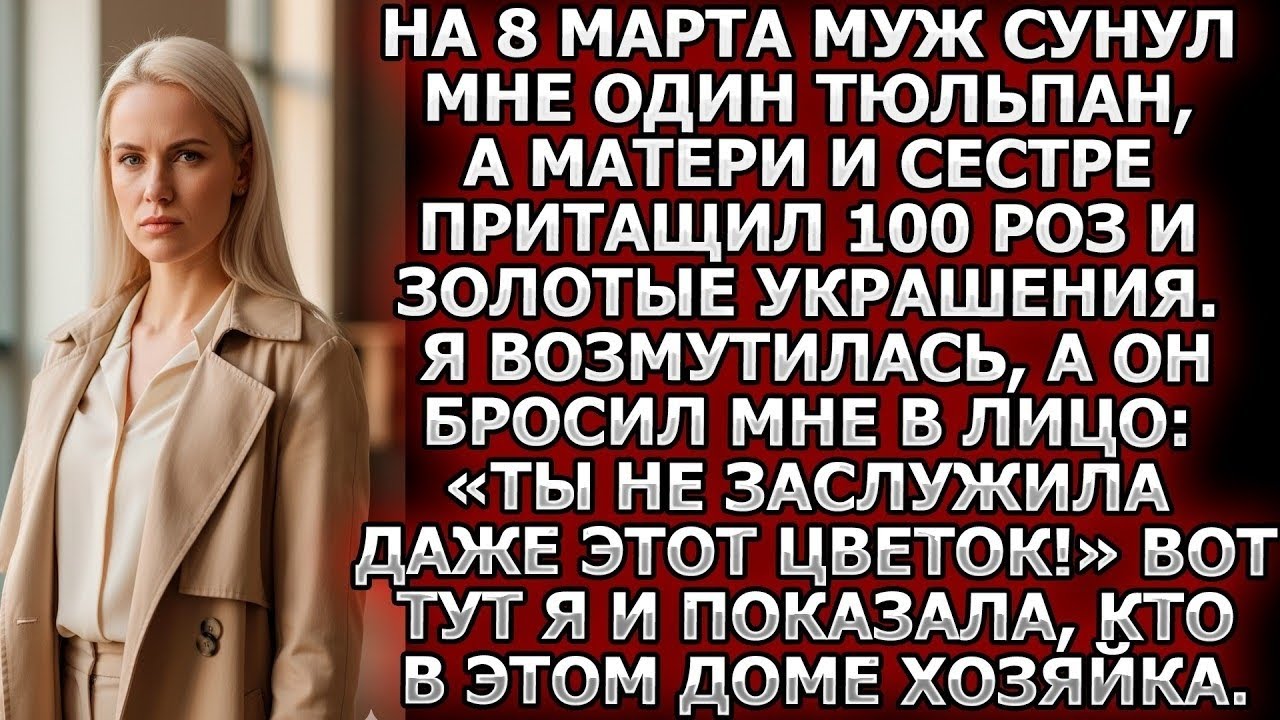 На 8 марта муж дал мне тюльпан, а матери 100 роз и золото. Потом бросил: «Ты не заслужила даже его!»