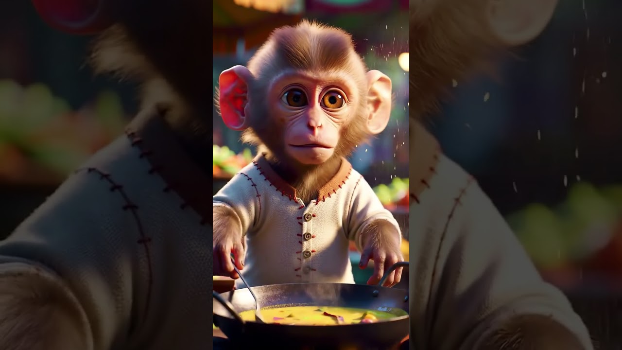 Adorable Monkey Chef Cooking. 