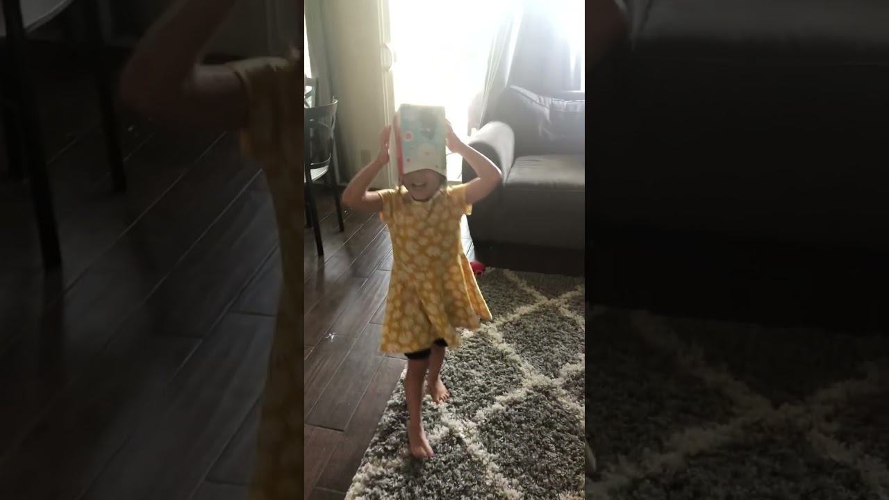 Boy walks in living room with McDonald's Happy Meal bag over head then trips over toy shopping cart