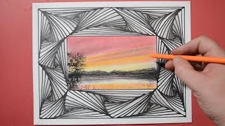 Drawing Line Illusion and Sunset Lake with Soft Colored Pastels screenshot 5