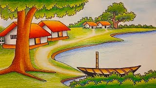 How to draw easy scenery drawing/ Indian village scenery drawing beautiful riverside village scenery