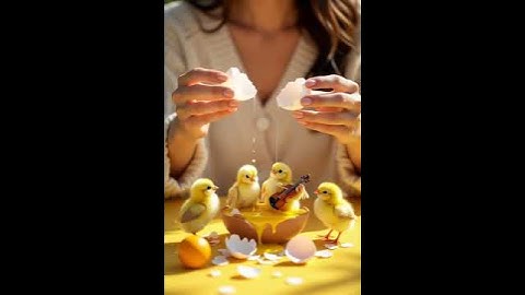 a woman cracking an egg, releasing chicks playing miniature instruments,