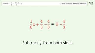 Linear equation with one unknown: Solve x/2-(x-4)/3=9 step-by-step solution