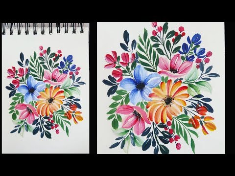 Acrylic Floral Composition Beautiful Colorful Flowers Leaves