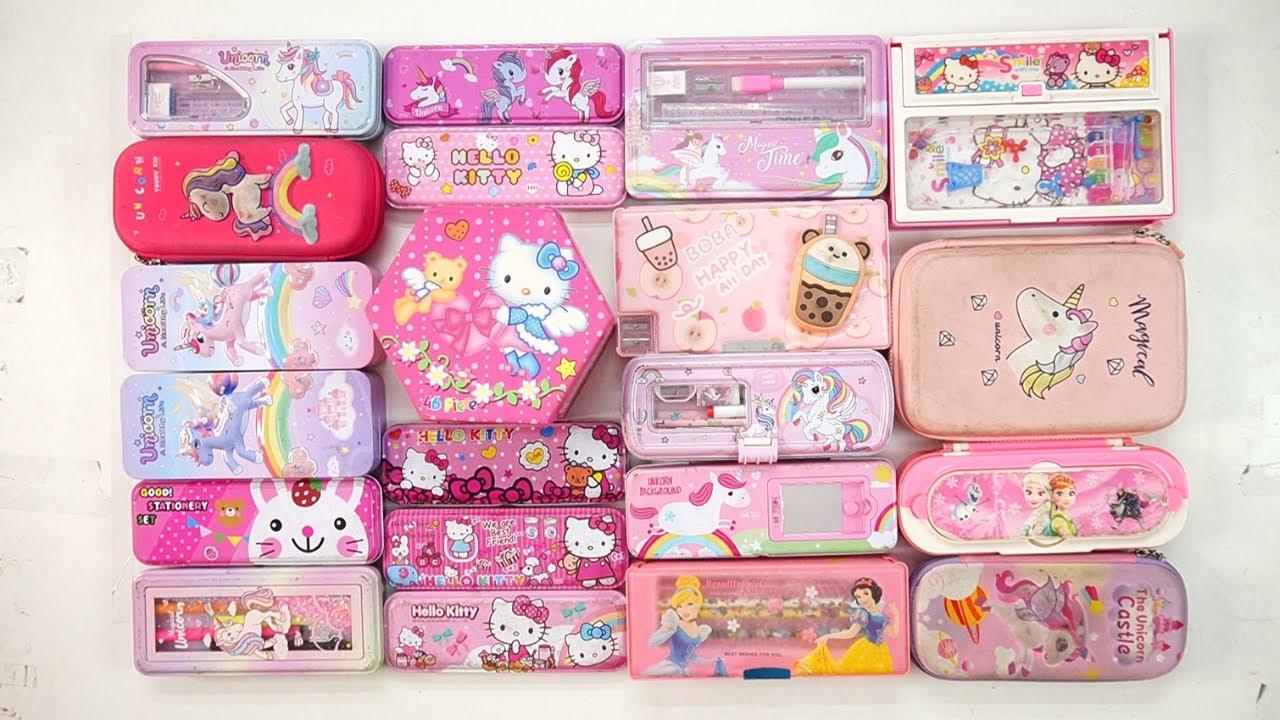 unboxing unicorn pink stationery collection 😁 geometry,hello kitty,pencil box,sharpener,eraser,pouch