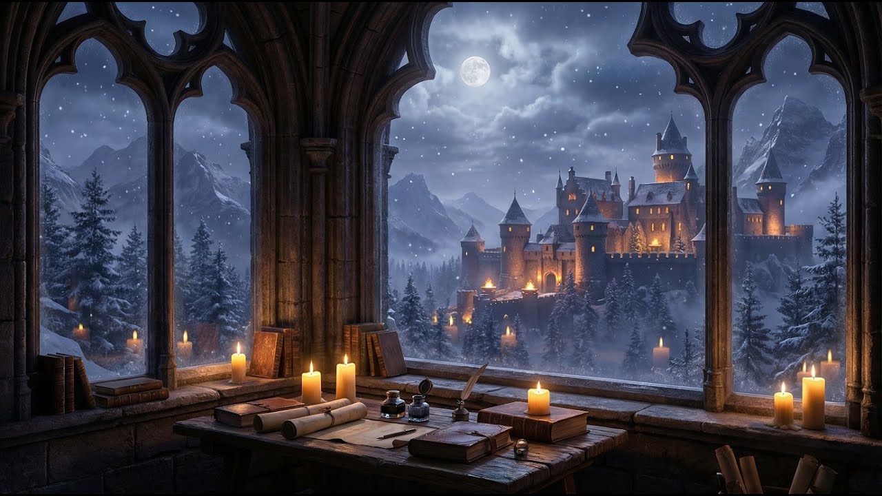 Medieval Castle Window 4K 🌙 | Relaxing Medieval Ambience Music | Fantasy Castle View (8 Hours)