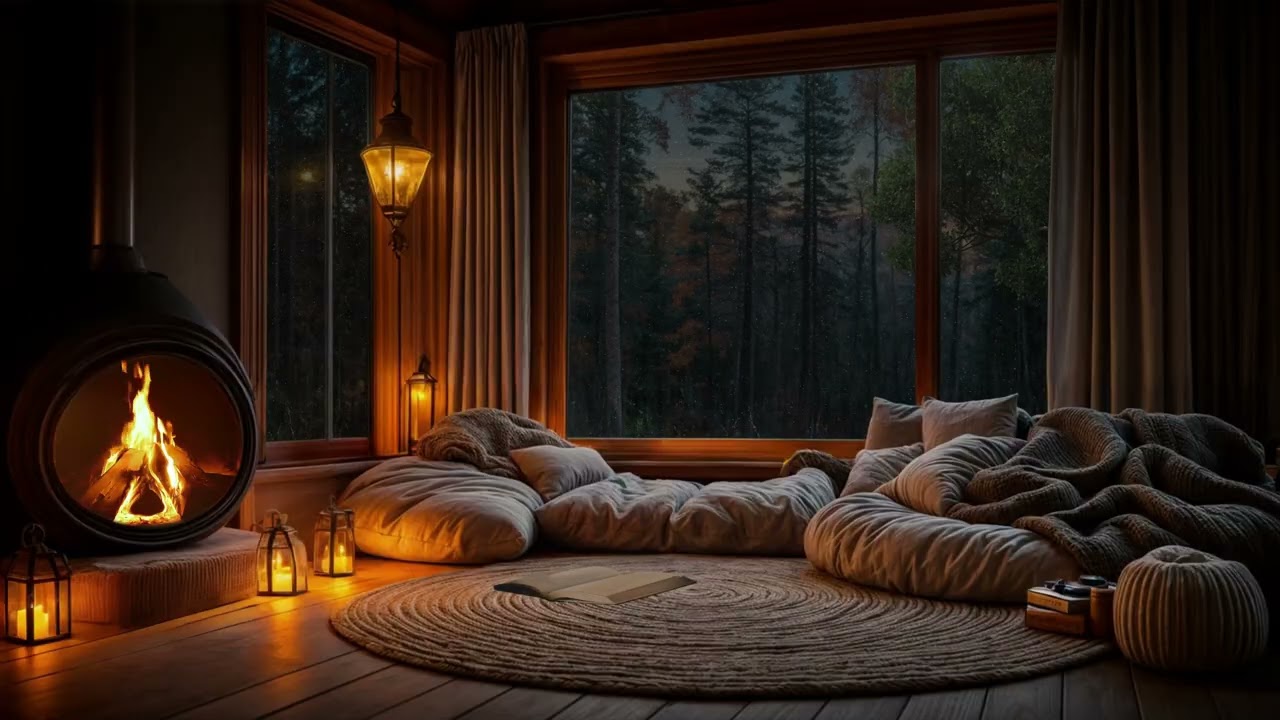 Warm Cabin Escape | Soft Firelight, Cozy Night Ambience & Deep Relaxation 🔥🛏️