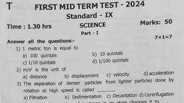 9th Science First mid term test Original Question Paper 2024 |9th Science 1st mid term Exam 2024