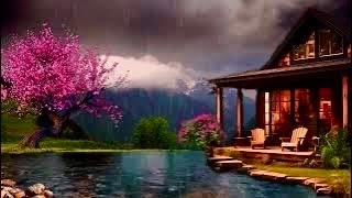 Mountain River House⭐Heavy Rain Relaxation⭐Flowing River⭐Birds & Nature Sound ⭐Anxiety Relief