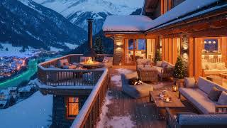 4K Fireplace Evening Jazz | Warm Balcony by the Lake with Soothing Jazz and Snowy Vibes