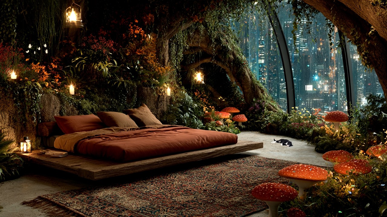 Cozy Dreaming of Magic Sleeping Nook in Rainycity | Soft Enchanted Music & ASMR Ambience ✨🌧️