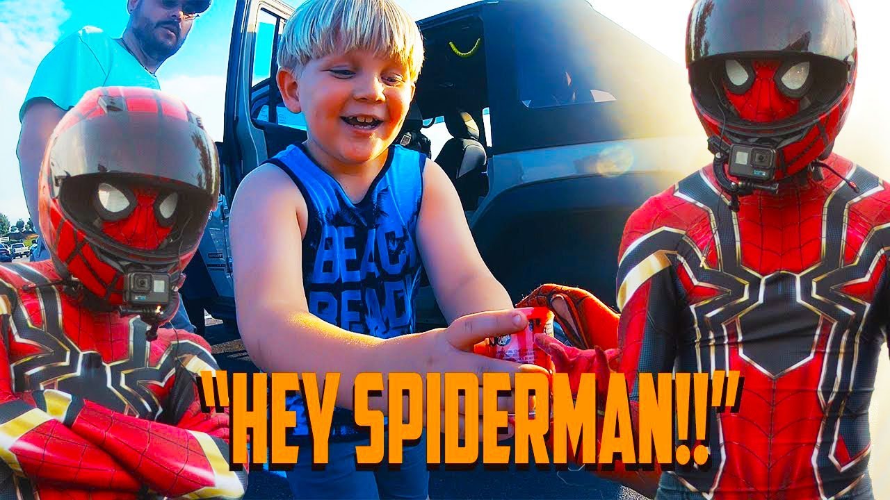 SPIDERMAN Gives GIFTS to KIDS!!!  ...and FIGHTS a GIANT Ducky (Cycling Sunday S3 E1)