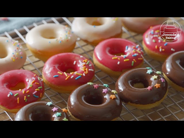 Moist Baked Doughnuts glazed with three different flavours. class=