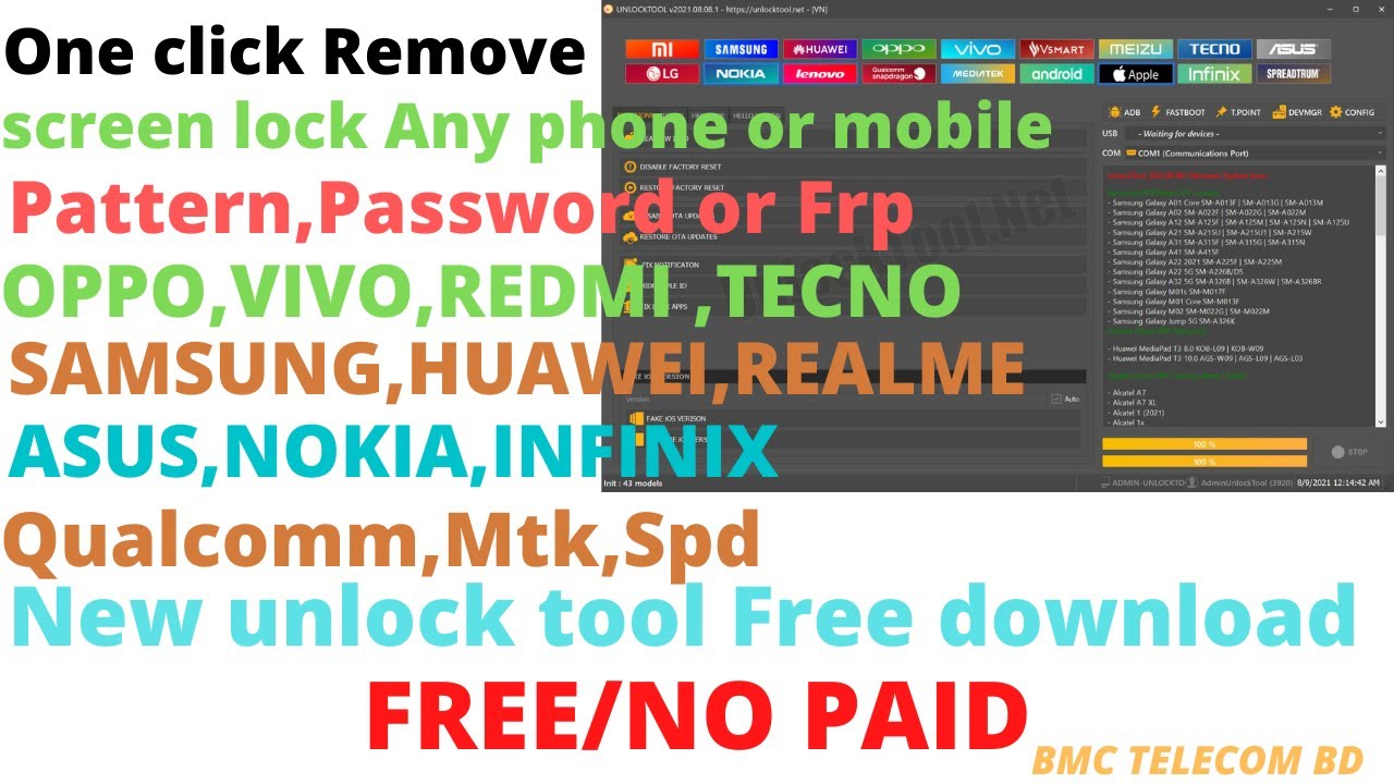 One Click Unlock Any Phone Screen Lock,Pattern, FRP Remove Free Working Tool | Free Unlock Tool 2022
