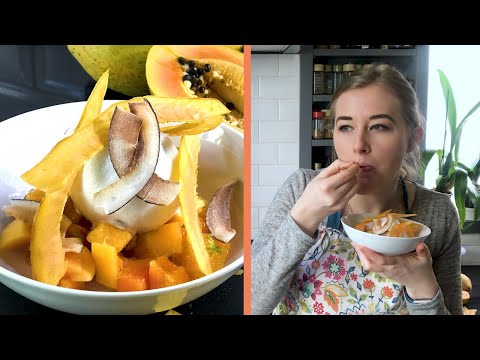 Papaya lime salsa with coconut ice cream and legendary papaya chips