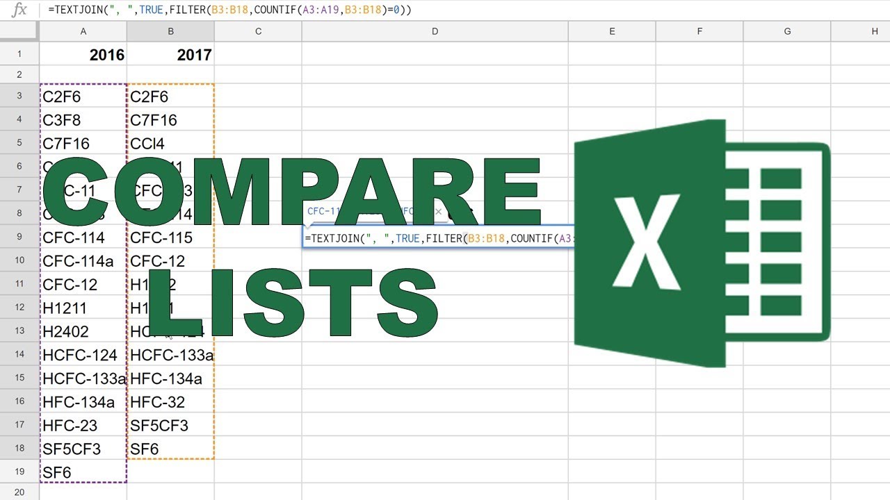 Value compare. Compare list. TEXTJOIN.