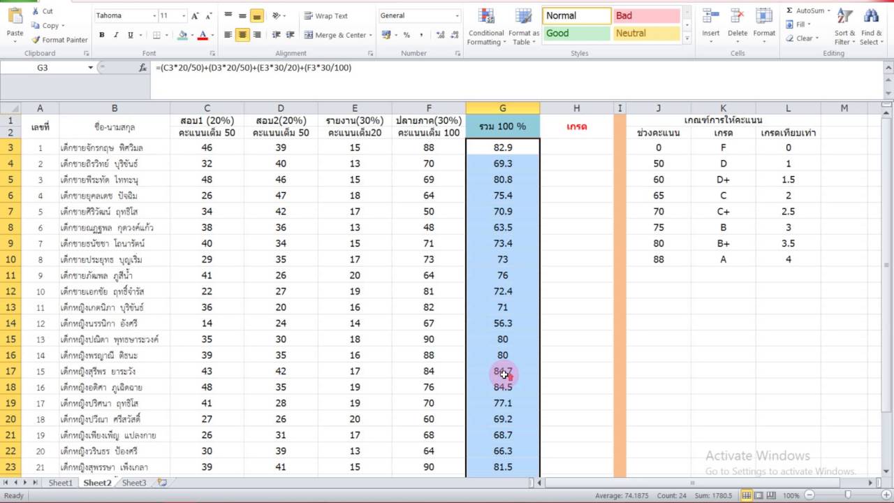 สอนคิดเกรด Excel 2010