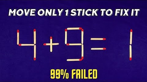 Move only 1 stick to make the equation correct | Matchstick puzzle 4+9=1