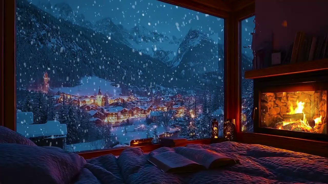 Snowy Evening at a Remote Forest Cabin with Gentle Fire Sounds for Calm Sleep, Focus and Study
