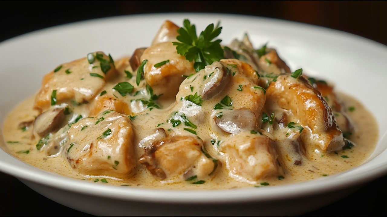 Самое нежное куриное мясо в кремовом грибном соусе — это наслаждение в каждой ложке!