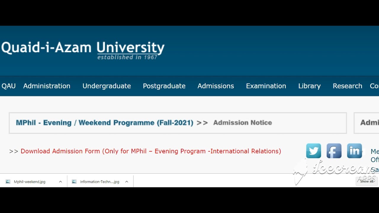 QAU Admission Form (Only for MPhil – Evening Program -International Relations)