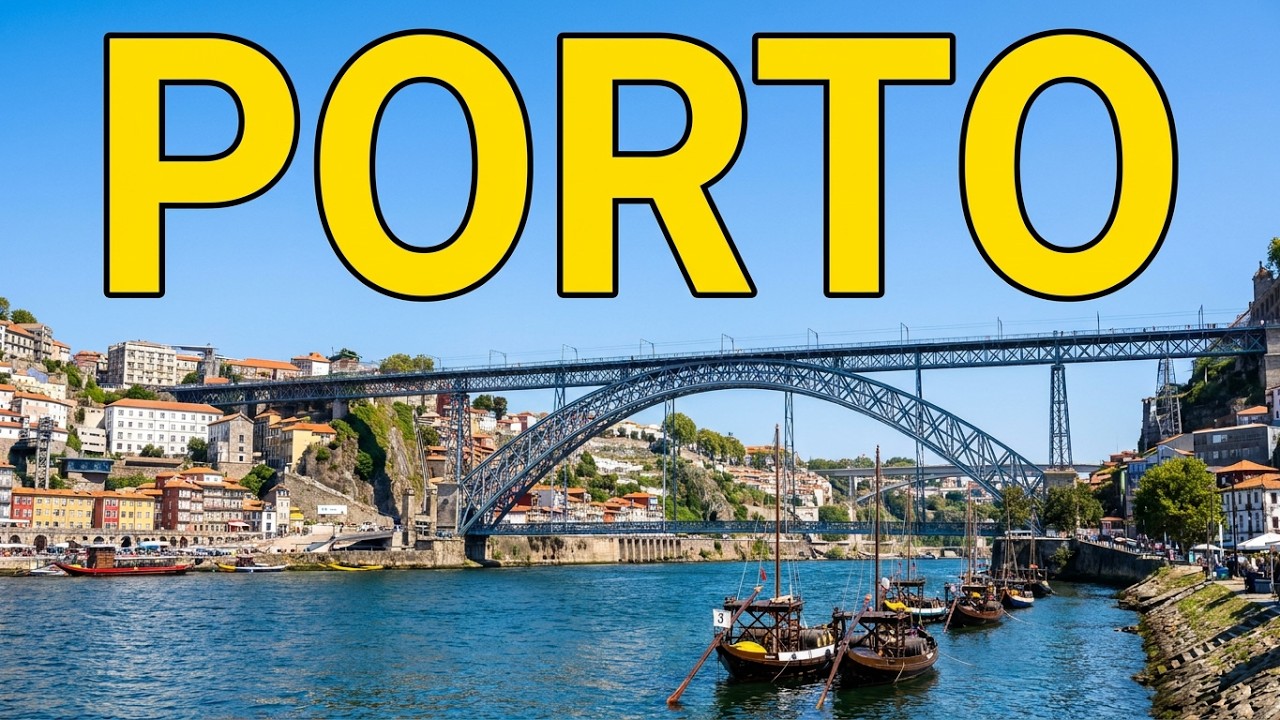 #4K Porto Portugal cruise port to the Dom Luis I bridge and surrounding stores.