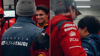 Carlos Sainz stopping Daniel Ricciardo Lando Norris & Yuki Tsunoda from sneaking in Ferrari  garage