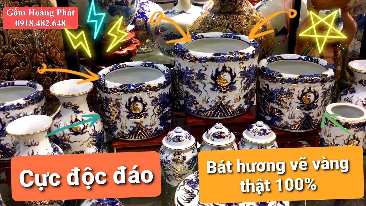Bát hương vẽ vàng cực cao cấp, bộ đồ thờ cúng vẽ vàng... - youtube