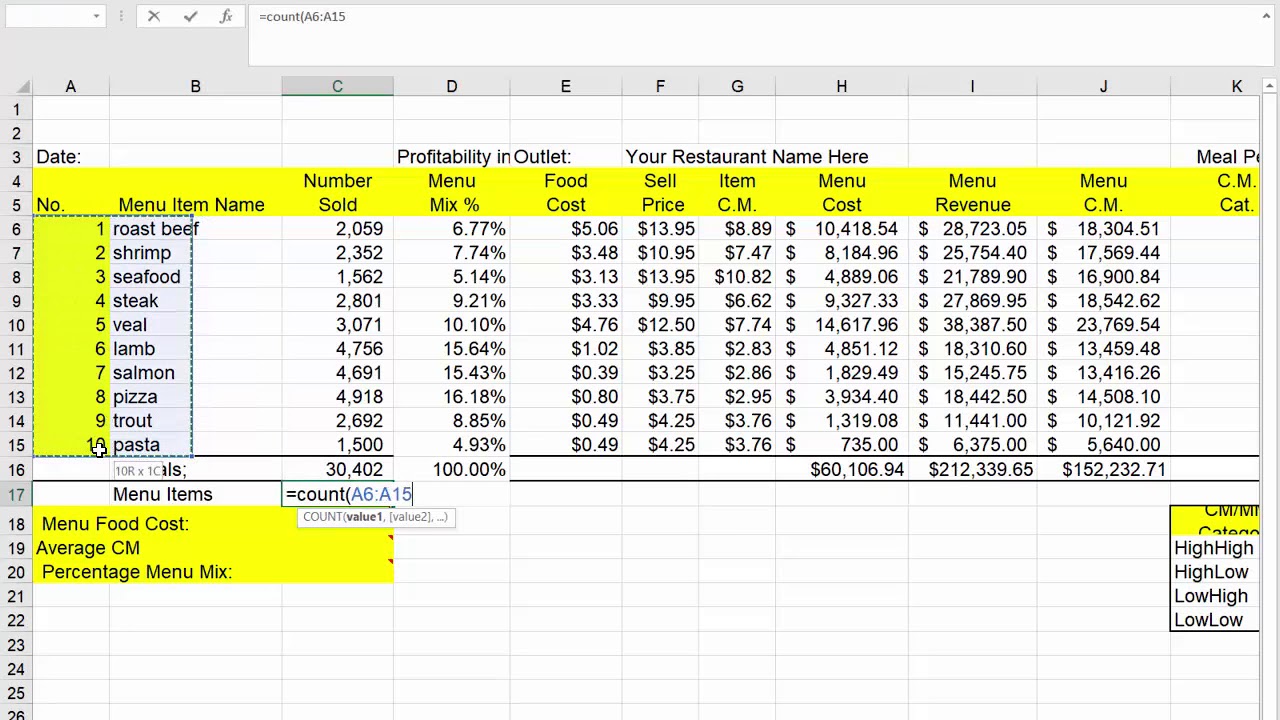 DAT22 - Menu Engineering Sheet Example Walk Through In Restaurant Menu Costing Template