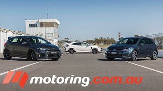 Ford Focus RS v Honda Civic Type R v Volkswagen Golf GTI | motoring.com.au
