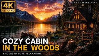 4K Cozy Cabin at Sunset | 4 Hours of Relaxing Campfire & Mountain Lake | Living Screensaver | SILENT