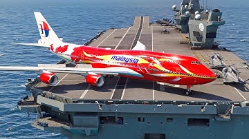 Very Rare! Boeing 747 Malaysia Airlines Takeoff from an Aircraft Carrier