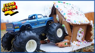 Monster Trucks VS Gingerbread House Toy Truck Takedown Challenge