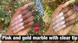 Pink and gold marble clear tip POLYGEL nails | imethodbeauty