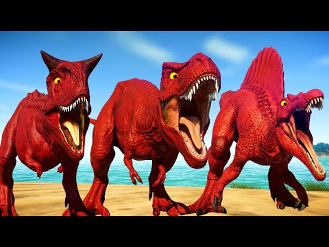 Red Big Dinosaurs Fighting in Jurassic World Evolution - T-Rex vs Spinosaurus vs Carnotaurus