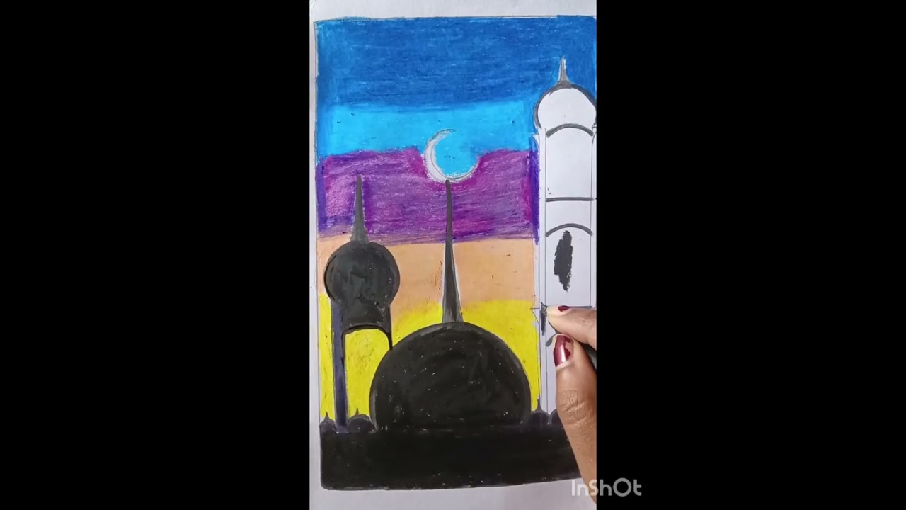 Mosque Drawing With Oil Pastels For Beginners 