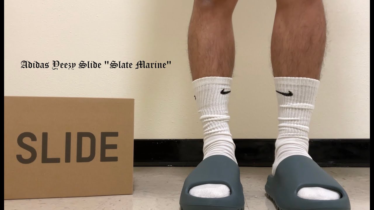 YEEZY SLIDE SLATE MARINE On Feet/Review   YouTube