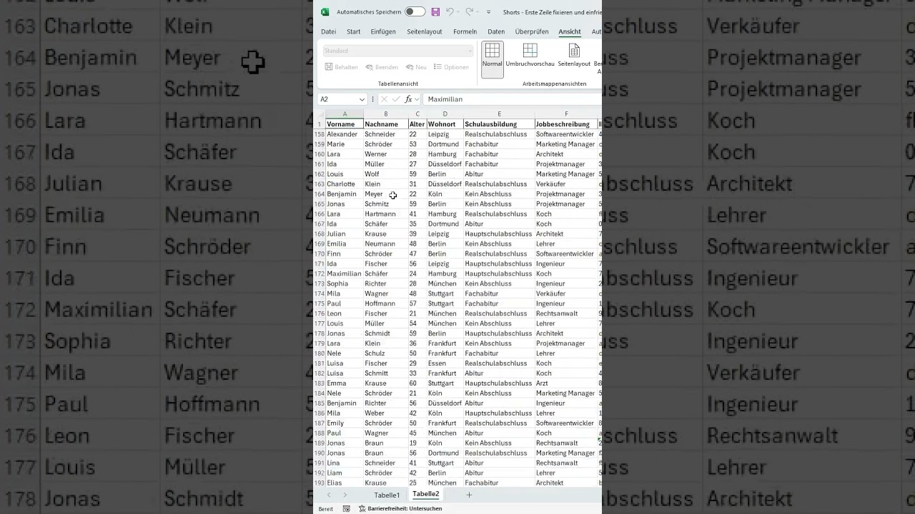 Erste Zeile fixieren und einfrieren per Shortcut in Excel - gesamte komplette Zeile 