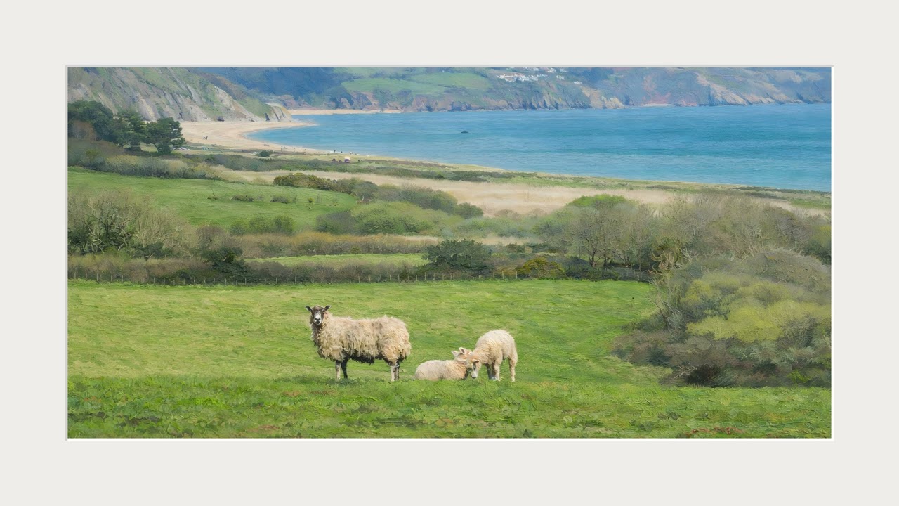 Devon Pastures by the Sea (White frame) | Elegant 4K Wall Art (2 Hours)