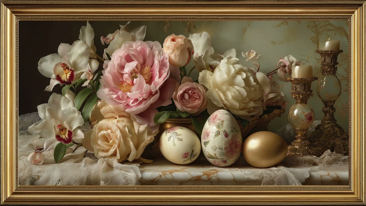 Fondo Floral Elegante 4K | Peonías y Orquídeas con Huevos Dorados | Arte de Pascua para TV